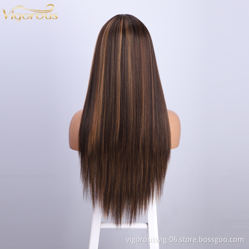 Vigorous High Quality Wig Synthetic Vendor Heat Resistant Full Fibe Wig Highlights brown Long Frontal Lace Straight hair